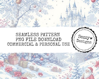 Wzór na bezszwową świąteczną toile de jouy: Plik PNG do użytku komercyjnego (pobranie cyfrowe), Zaczarowany zamek świąteczny