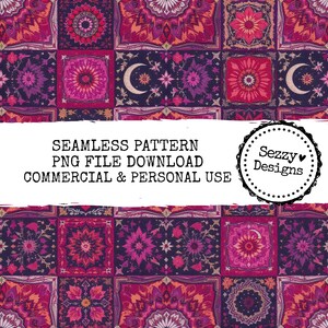 May include: A seamless pattern design featuring a mosaic of square tiles in shades of purple, pink, and orange. Each tile showcases intricate floral and celestial motifs, including crescent moons and stars. The design includes the text "SEAMLESS PATTERN PNG FILE DOWNLOAD COMMERCIAL & PERSONAL USE".