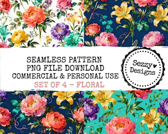 Set of 4 - Seamless Floral Pattern: Commercial Use PNG File (Digital Download)