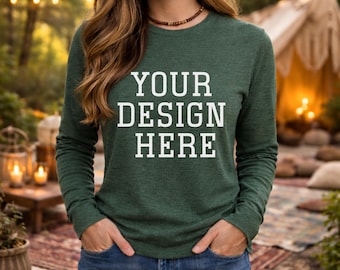 Bella Canvas 3501 Långärmad Mockup – Heather Forest Skjorta, POD Livsstilsfoto, POD mockup, Heather Forest Bella Canvas, Boho Mockup
