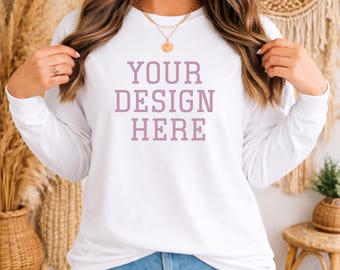 Bella Canvas 3501 Långärmad Mockup – Boho Vit Skjorta, Livsstilsmockup, POD Livsstilsfoto, POD-mockup, Vit Bella Canvas