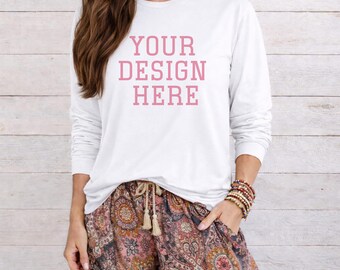 Bella Canvas 3501 Långärmad Mockup – Boho Vit Skjorta, Livsstilsmockup, POD Livsstilsfoto, POD-mockup, Vit Bella Canvas
