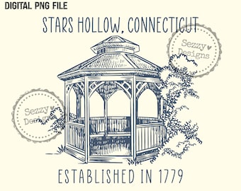 Connecticut Gazebo PNG, Small Town New England Digital Download, Vintage Town Line Art, Cozy Village Graphic PNG