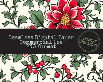 Sömlöst julblommönster: Kommersiellt bruk PNG-fil (digital nedladdning), julblommor