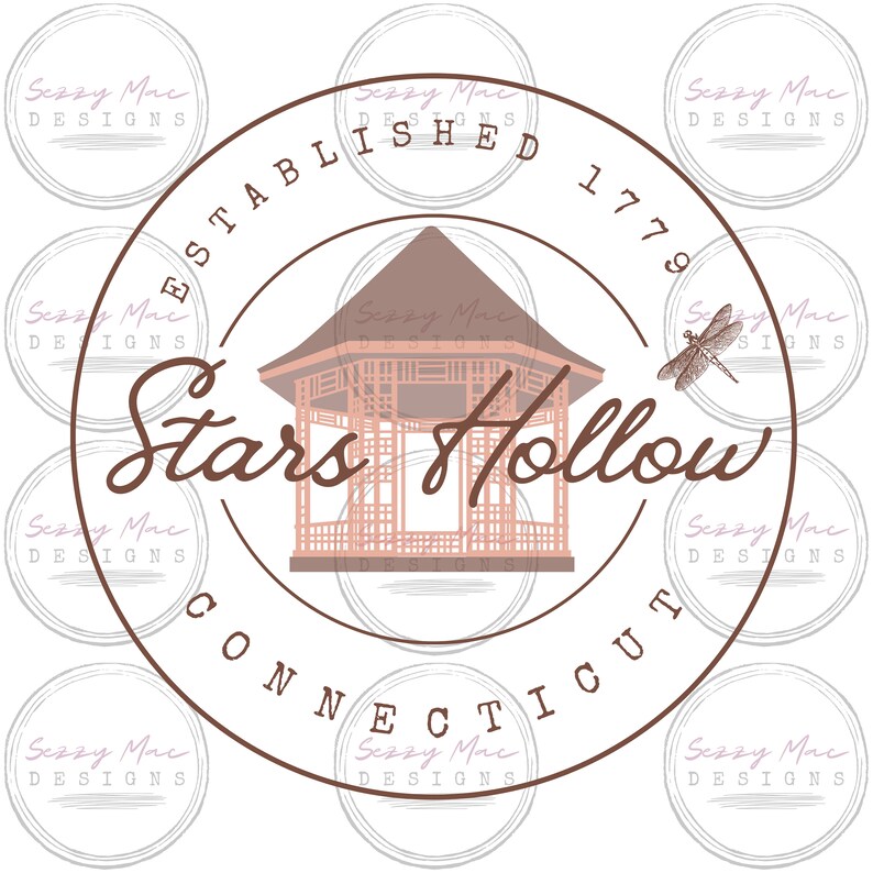 May include: A circular design with a gazebo illustration and the words "Stars Hollow Connecticut" in brown. The text "Established 1779" is also included. The design is surrounded by smaller circles with the text "Sezzy Mac Designs".