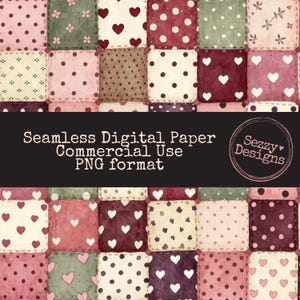 Könnte beinhalten: Nahtloses digitales Papier mit einem Patchwork-Design. Die Quadrate weisen verschiedene Muster auf, darunter Herzen und Punkte, in Rosa-, Rot- und Grüntönen. Der Text "Seamless Digital Paper Commercial Use PNG format" wird angezeigt.