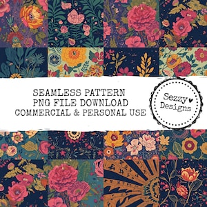 Puede incluir: Un patrón digital sin costuras con un collage de diseños florales en tonos rosa, amarillo y naranja sobre un fondo azul oscuro. La imagen incluye el texto: "SEAMLESS PATTERN PNG FILE DOWNLOAD COMMERCIAL & PERSONAL USE."