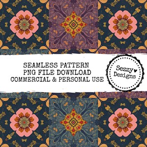 May include: A seamless pattern design with repeating floral and geometric elements in pink, gold, and navy blue. The design includes the text "SEAMLESS PATTERN PNG FILE DOWNLOAD COMMERCIAL & PERSONAL USE" and a logo.
