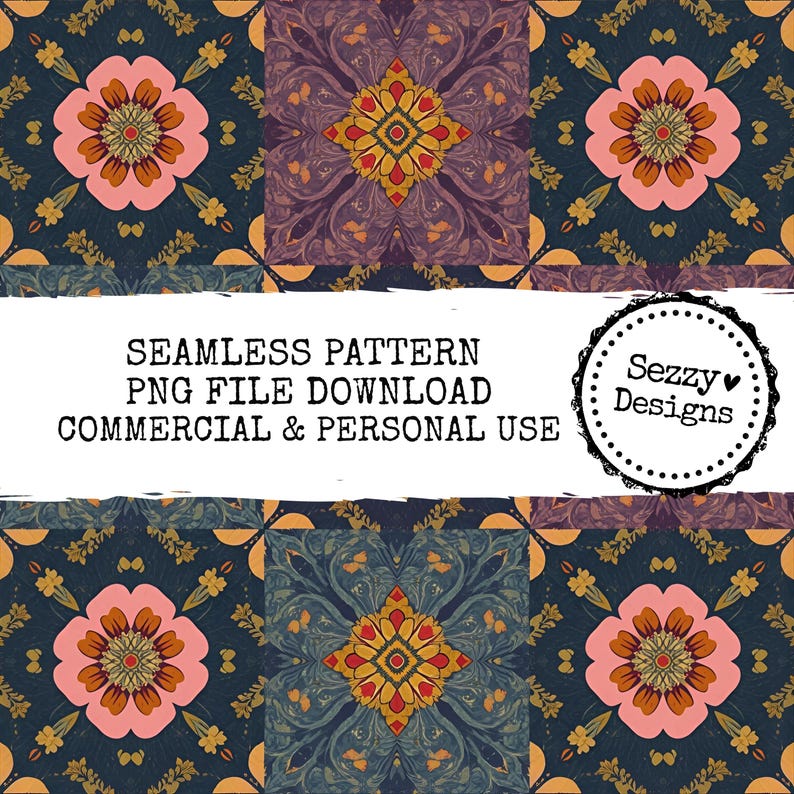May include: Seamless pattern design featuring repeating floral and geometric elements in shades of pink, gold, and navy blue. The design includes the text "SEAMLESS PATTERN PNG FILE DOWNLOAD COMMERCIAL & PERSONAL USE" and a logo.