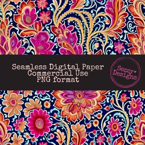 May include: Seamless digital paper with a floral design in shades of pink, orange, and yellow on a navy blue background. The design includes intricate floral and paisley patterns. The text reads "Seamless Digital Paper Commercial Use PNG format".