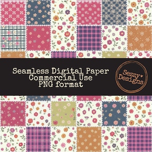 Könnte beinhalten: Nahtloses digitales Papier mit einem Patchwork-Design. Das Muster zeigt Quadrate mit floralen, karierten und einfarbigen Designs in Rosa, Blau, Orange und Grün. Der Text "Seamless Digital Paper Commercial Use PNG format" wird auf einem schwarzen Banner angezeigt.