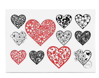 11 X ハート型マンダラ、ハートカットファイル、バレンタインSVG、ハートクリップアート、ハート型SVG、ペーパーカットテンプレート、即時ダウンロード