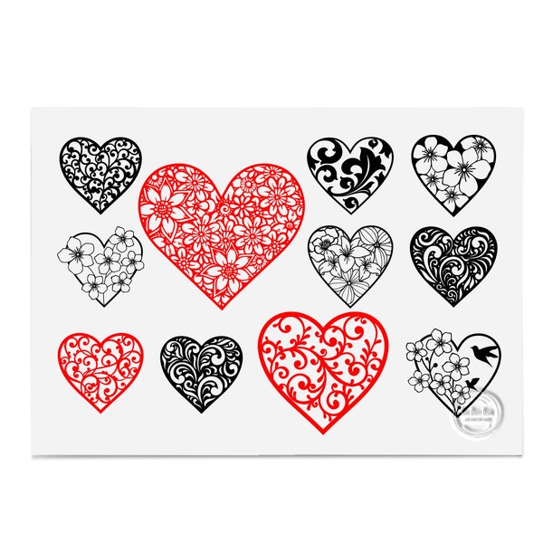 11 X Heart Shaped Mandala, Heart Cut File, Valentines Svg, Heart Clipart, Heart Shape SVG, Papercut Template, Instant Download