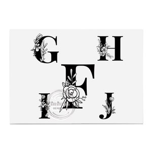 May include: Black and white floral letter design featuring the letters E, G, H, I, and J. Each letter is decorated with a floral design.