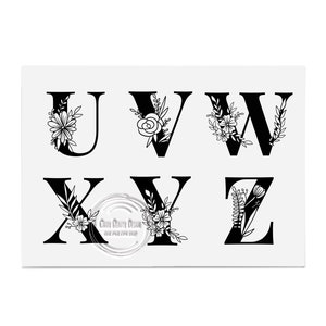 May include: Black and white floral alphabet letters U, V, W, X, Y, and Z. The letters are in a serif font and are decorated with floral designs.