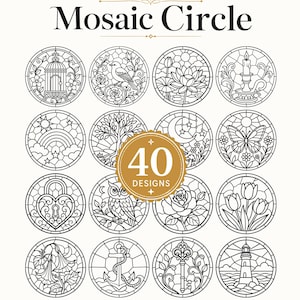 May include: A collection of 16 circular mosaic designs with black outlines, featuring various images like a bird, owl, and lighthouse. The text "Mosaic Circle" is at the top, and a gold badge reads "40 Designs".