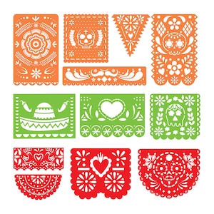 Może przedstawiać: Zestaw dziesięciu kolorowych wycinanek papierowych w stylu tradycyjnych meksykańskich dekoracji papierowych, znanych jako "papel picado". Wzory obejmują czaszki, serca, kwiaty i sombrero.