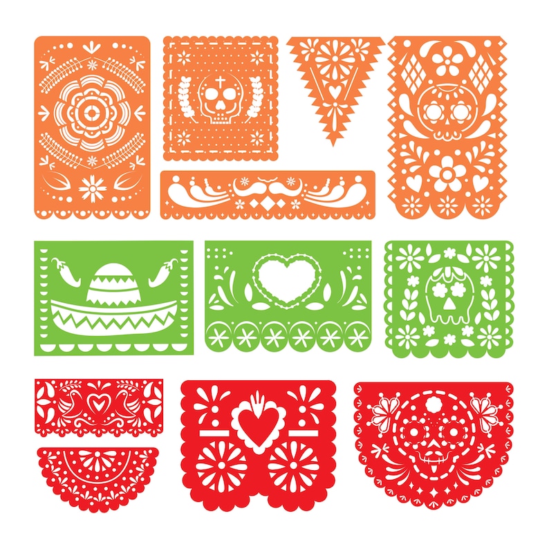 Może przedstawiać: Zestaw dziesięciu kolorowych wycinanek papierowych w stylu tradycyjnych meksykańskich dekoracji papierowych, znanych jako "papel picado". Wzory obejmują czaszki, serca, kwiaty i sombrero.