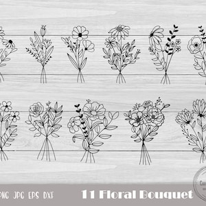 ブーケ クリップアート、花束 SVG、ブーケ SVG バンドル、花 SVG、植物 SVG、花 DXF、手描きの花、即時ダウンロード