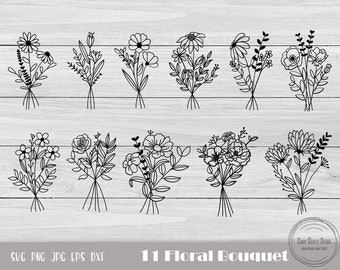Bouquet Clipart, Floral Bouquet Svg, Bouquet Svg Bundle, Flower Svg, Botanical Svg, Flower Dxf, Hand Drawn Flower, Instant Download