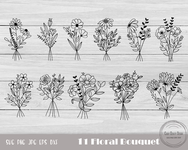 Pode incluir: Um conjunto de 11 buqu&ecirc;s florais em preto e branco de arte linear. Os buqu&ecirc;s est&atilde;o dispostos em duas filas de cinco e uma fila de um. Os buqu&ecirc;s s&atilde;o todos de designs diferentes e apresentam v&aacute;rias flores e folhas.
