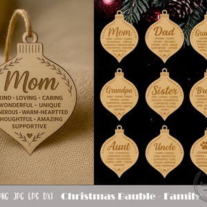 May include: Wooden Christmas ornaments with family member names like Mom, Dad, Grandma, and others. Each ornament has a unique design and words describing the person. The ornaments are made of light-colored wood.