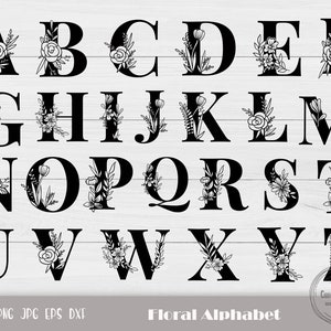 Letra do monograma A-Z, alfabeto floral Svg, letra floral Svg, arquivo de corte do alfabeto botânico, arquivos de corte de letras, download instantâneo