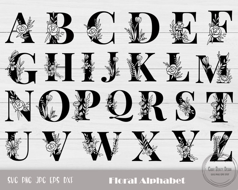 May include: A black floral alphabet with white flowers and leaves. The letters are in uppercase and are arranged in alphabetical order. The text "Floral Alphabet" is at the bottom of the image.