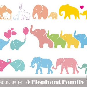 Puede incluir: Un conjunto de nueve siluetas de familia de elefantes en varios colores, incluyendo rosa, azul, amarillo, verde y naranja. Los elefantes están dispuestos en diferentes grupos familiares, algunos sosteniendo corazones y otros sosteniendo globos. El texto "9 Elephant Family" está en la parte inferior de la imagen.