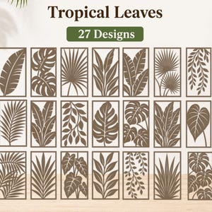 May include: Twenty-seven framed designs featuring tropical leaves in various brown shades. The image includes the text "Tropical Leaves" and "27 Designs". The leaves showcase detailed botanical patterns, ideal for decorative purposes.