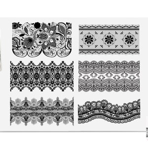 May include: A white tote bag and a white mug feature a black lace design. The image also displays a white background with six different black lace patterns. The lace designs vary in style and complexity.