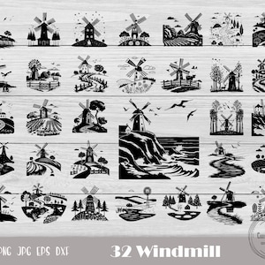 Puede incluir: Un conjunto de 32 archivos de corte SVG de molinos de viento en blanco y negro. Los molinos de viento se representan en varios estilos y entornos, incluidos campos, colinas y una playa.
