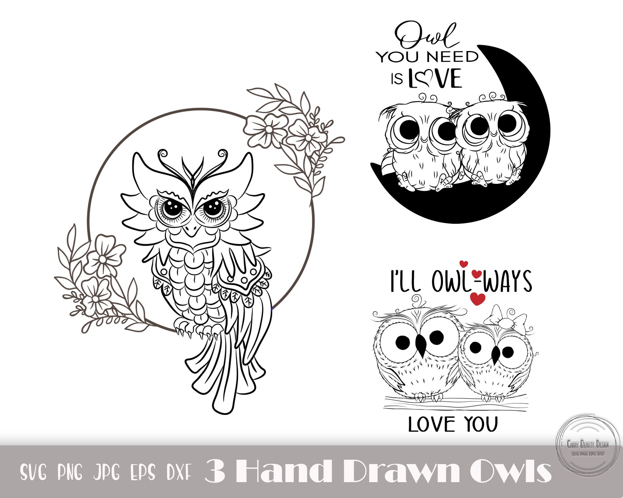 3 x hibou Svg, Clipart hibou dessiné à la main, hibou Png, je t'aimerai avec la chouette, hibou dont tu as besoin, fichier coupe hibou, téléchargement immédiat