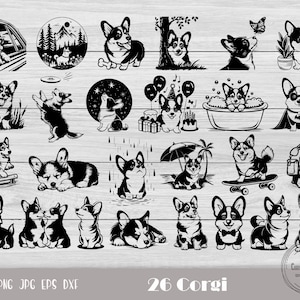 May include: A set of 26 black and white digital illustrations of Corgis in various poses. The illustrations include Corgis wearing hats, playing in the snow, and relaxing in a bathtub. The text "26 Corgi" is at the bottom of the image.