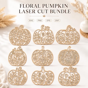 May include: A digital collection of nine light brown laser-cut pumpkin designs featuring intricate floral and vine patterns. The text FLORAL PUMPKIN LASER CUT BUNDLE is displayed at the top, with SVG, PNG, EPS, and DXF file format labels below.