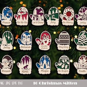 May include: A collection of 16 wooden Christmas mitten ornaments with various designs and phrases like "Peace," "Ho Ho Ho," and "Be Merry." Each mitten is intricately cut with festive imagery and colorful accents, perfect for holiday decorating.