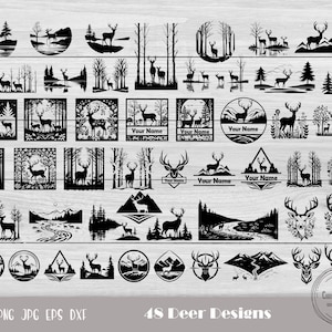 Puede incluir: Un conjunto de 48 diseños de silueta de ciervo en blanco y negro. Los diseños presentan varias poses de ciervos, incluyendo de pie, corriendo y saltando. Algunos diseños incluyen árboles, montañas y otros elementos de la naturaleza. Los diseños son perfectos para proyectos de manualidades, como cortar, grabar y grabar.
