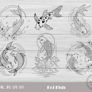 Peut inclure: Illustrations en noir et blanc de poissons koï dans diverses poses, avec des éléments floraux. L'image comprend le texte "Koi Fish" et des informations sur les types de fichiers, sur un fond en bois clair.