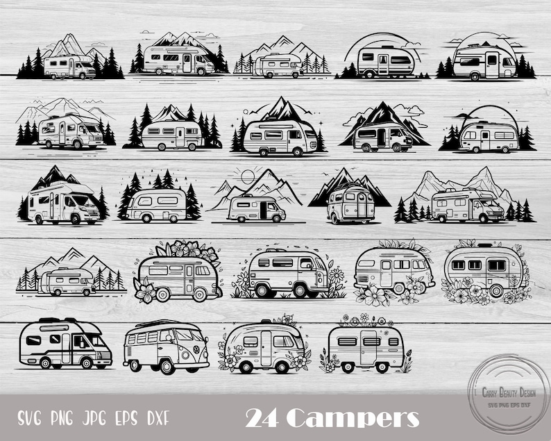 24 campingsvg-paket, sommarsvg, camping-png, utomhussvg, äventyrssvg, lägerliv, husbilssvg, vandringssvg, berg, direktnedladdning bild 1