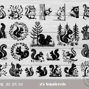 May include: A set of 25 black and white silhouette images of squirrels in various poses. The images are perfect for crafting, scrapbooking, and other creative projects.  The images include squirrels with nuts, squirrels climbing trees, and squirrels with bushy tails.