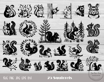 以下が含まれることがあります： さまざまなポーズをとったリスの白黒シルエット画像25点セット。クラフト、スクラップブッキング、その他のクリエイティブなプロジェクトに最適です。画像には、ナッツを持ったリス、木に登るリス、ふさふさの尻尾のリスが含まれています。