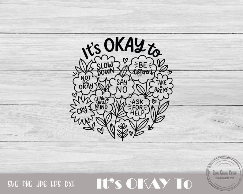 Op de afbeelding: Zwart-witte afbeelding met de tekst "It's OKAY to" boven een bloemenontwerp. Het ontwerp bevat zinnen als "Rustig aan", "Anders zijn" en "Hulp vragen". De afbeelding staat op een lichte houtnerf achtergrond.
