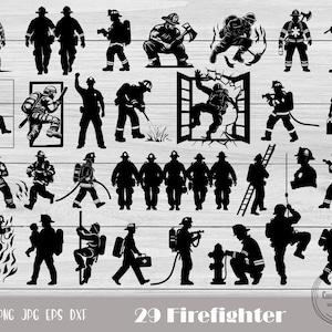 Puede incluir: Un conjunto de 29 archivos de corte SVG de silueta de bombero en blanco y negro. Los bomberos están en varias poses, incluyendo sosteniendo hachas, mangueras y escaleras. El texto "29 Firefighter" está en la parte inferior de la imagen.
