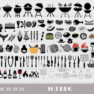 Könnte beinhalten: Eine digitale Schwarzweißillustration von 103 BBQ-Icons. Die Icons beinhalten Grills, Spieße, Essen und Utensilien. Der Text "103 BBQ" befindet sich am unteren Rand des Bildes.