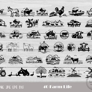 May include: A set of 40 black and white farm-themed SVG cut files. The images include farm animals, barns, tractors, and other farm-related imagery. The text "40 Farm Life" is at the bottom of the image.