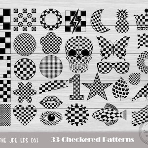 May include: A set of 33 black and white checkered patterns, including geometric shapes, animals, and abstract designs. The patterns are perfect for crafting, scrapbooking, and digital design.
