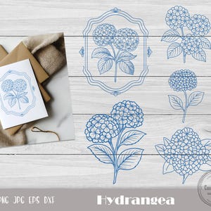 Peut inclure: Plusieurs illustrations de fleurs d'hortensia bleues. L'image comprend une carte de vœux avec un motif d'hortensia, des enveloppes et plusieurs dessins d'hortensias. Le mot "Hydrangea" est écrit en police serif en bas de l'image.