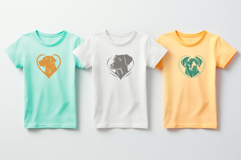 Peut inclure: Trois t-shirts &agrave; manches courtes, de couleur turquoise, blanche et jaune. Chaque chemise pr&eacute;sente une t&ecirc;te de chien &agrave; l'int&eacute;rieur d'un c&oelig;ur. Le motif de chien est d'une couleur contrastante : orange, gris et vert.