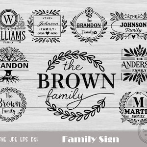 May include: A set of 10 black and white family name signs with various designs. The signs feature different fonts and styles, including a tree, a wreath, and a banner. The text on the signs includes "Williams Family", "Johnson Family", "Brandon Family", "The Brown Family", "The Anderson Family", and "The Martin Family".