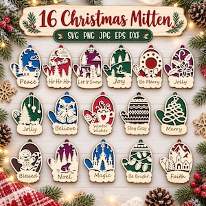 Könnte beinhalten: Eine Sammlung von 16 weihnachtlichen Fäustling-Ornamenten aus Holz mit verschiedenen festlichen Motiven und Texten wie Peace, Ho Ho Ho, Let It Snow, Joy, Be Merry, Jolly, Believe, Winter Wishes, Stay Cozy, Merry, Blessed, Noel, Magic, Be Bright und Faith.